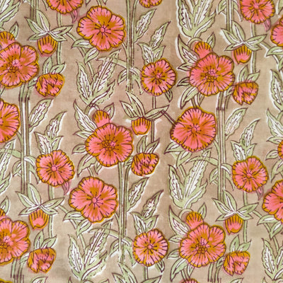 Pre Cut 2 Meter Pure Cotton Jaipuri Brown With Pink Mustard Grass Hand Block Print Fabric