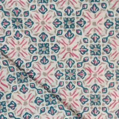 Pure Cotton Jaipuri Chicku Brown With Pink And Blue All Over Pattern Hand Block Print Fabric