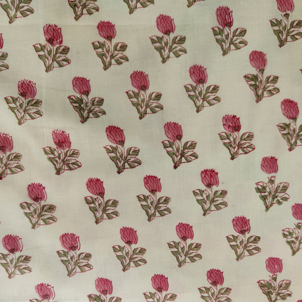 Pure Cotton Jaipuri Cream With Tiny Pink Grey Motif Hand Block Print Fabric