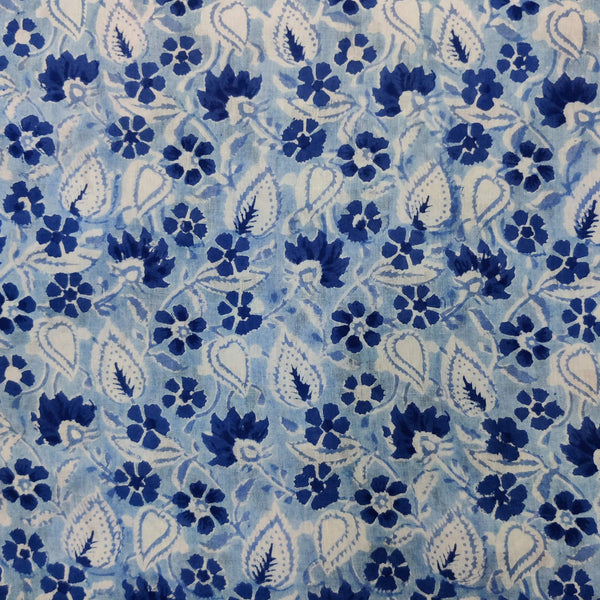 Pre-cut 1.30 meter Pure Cotton Jaipuri Dreamy Blue With Dark Blue Flowers Hand Block Print Fabric