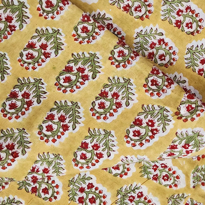 Pure Cotton Jaipuri Earthy Mustard With  Red And Green Plant Motif HandBlock Print Fabric