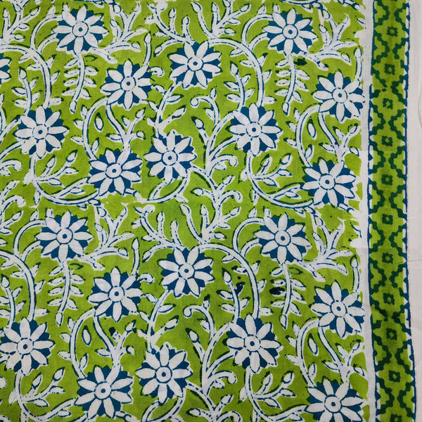 Pure Cotton Jaipuri Green With Blue White Floral Jaal Hand Block Print Fabric