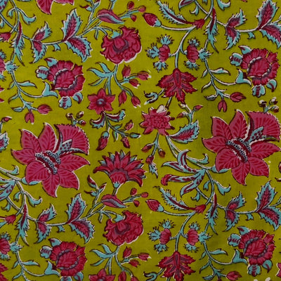 Pre-cut 1.5 meter Pure Cotton Jaipuri Green With Pink And Blue Wild Flower Jaal Hand Block Print Fabric