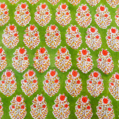 Pure Cotton Jaipuri Green With Pink Flower Plant Motif Hand Block Print Fabric