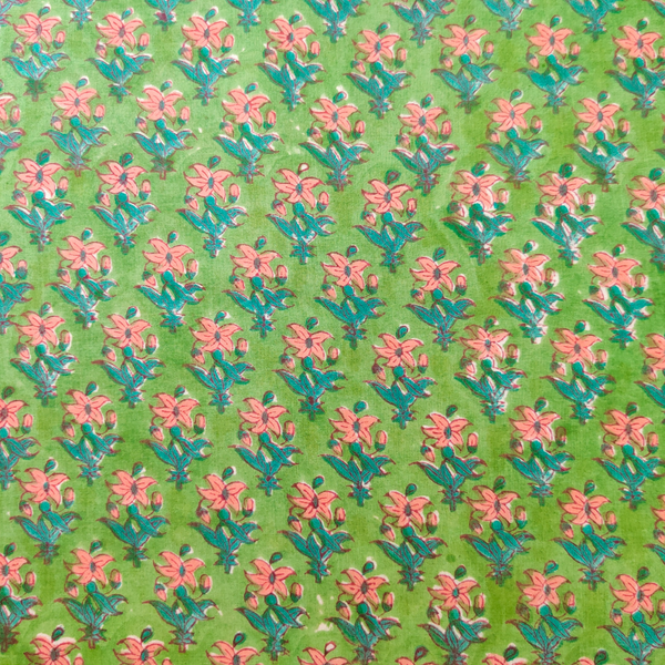 Pre-cut 1.95 meter Pure Cotton Jaipuri Green With Pink Tiny Flower Motifs Hand Block Print Fabric