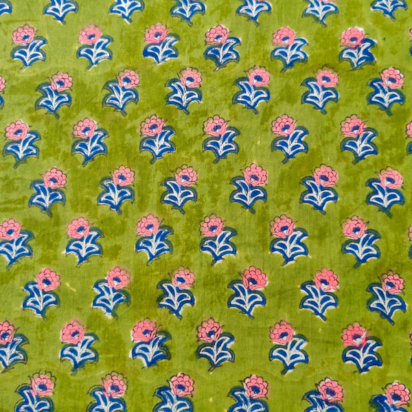 Pre-cut(1.40meter )Pure Cotton Jaipuri Green With Tiny Pink And Blue Plant Hand Block Print Fabric