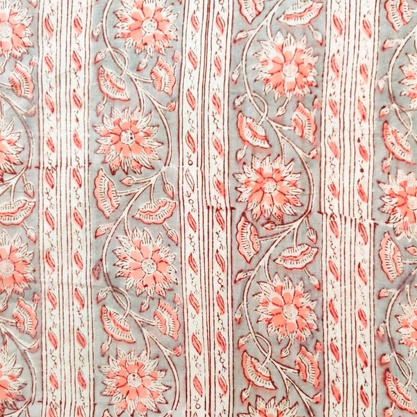 Pre-cut Pure Cotton Jaipuri Grey Peach Border Hand Block Print Fabric( 1.5 meter)