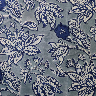 Blouse Piece 1.20 meter Pure Cotton Jaipuri Grey With Blue Wild Flower Jaal Hand Block Print Fabric