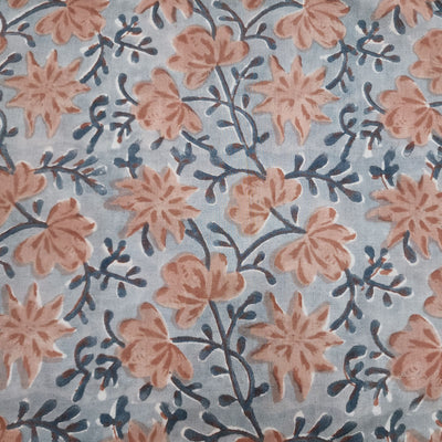 Pure Cotton Jaipuri Grey With Peach Jaal Hand Block Print Fabric