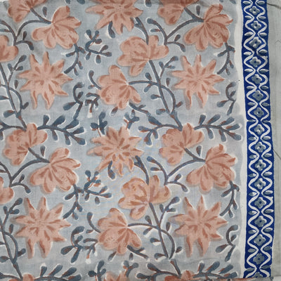 Pure Cotton Jaipuri Grey With Peach Jaal Hand Block Print Fabric
