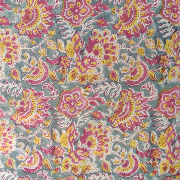 Pure Cotton Jaipuri Grey With Pink And Yellow Floral Jaal Hand Block Print Fabric