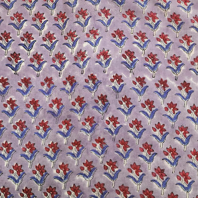 Pure Cotton Jaipuri Lavender With Red Blue Small Flowers Hand Block Print Fabric