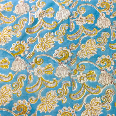 Pure Cotton Jaipuri Light Blue With Green Wierd Flower Jaal Hand Block Print Fabric