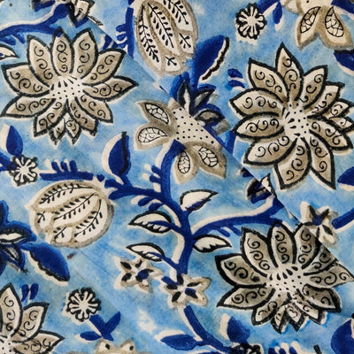Pure Cotton Jaipuri Light Blue With Grey Wild Flower Jaal Hand Block Print Fabric