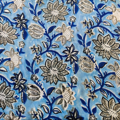 Pure Cotton Jaipuri Light Blue With Grey Wild Flower Jaal Hand Block Print Fabric