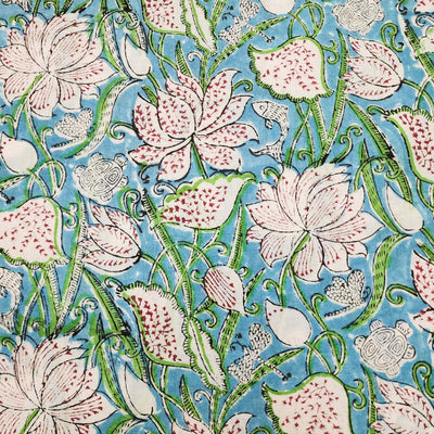 Pure Cotton Jaipuri Light Blue With Lotus Pond Hand Block Print Fabric