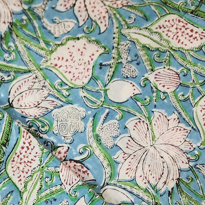 Pure Cotton Jaipuri Light Blue With Lotus Pond Hand Block Print Fabric