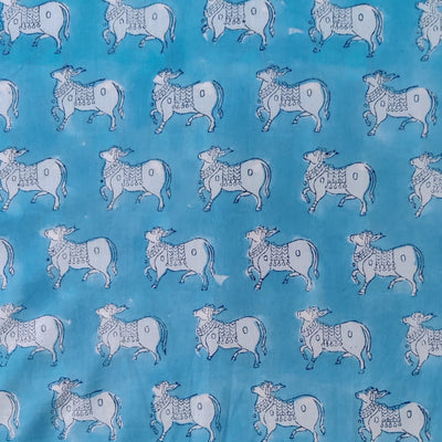 Pure Cotton Jaipuri Light Blue With Moo Hand Block Print Fabric