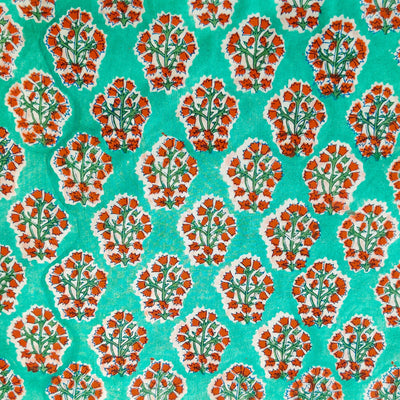 Pure Cotton Jaipuri Light Blue With Orange Flower Plant Hamd Block Print Fabric