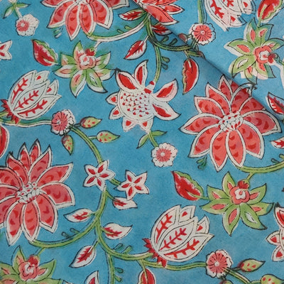 Pure Cotton Jaipuri Light Blue With Peach Red Mustard Wild Flower Jaal Hand Block Print Fabric