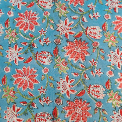 Pure Cotton Jaipuri Light Blue With Peach Red Mustard Wild Flower Jaal Hand Block Print Fabric