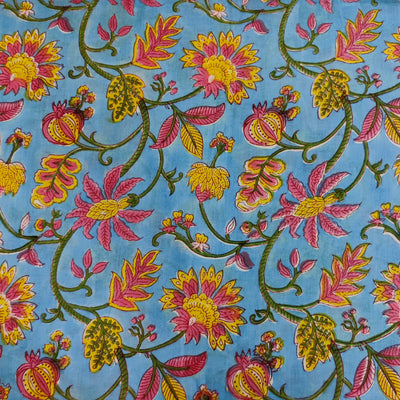 Pure Cotton Jaipuri Light Blue With Pink And Yellow Wild Jaal Hand Block Print Fabric