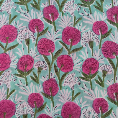 Pure Cotton Jaipuri Light Blue With Pink Floral Garden Hand Block Print Fabric