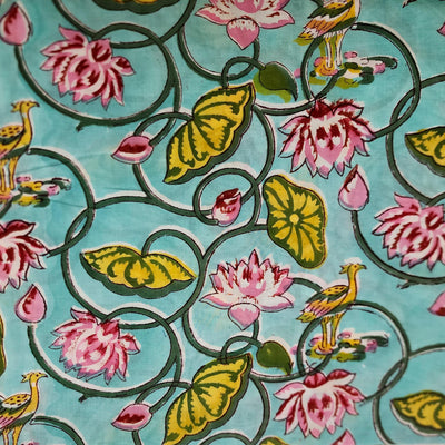 Pure Cotton Jaipuri Light Blue With Pink Lotus In A Lake Hand Block Print Fabric