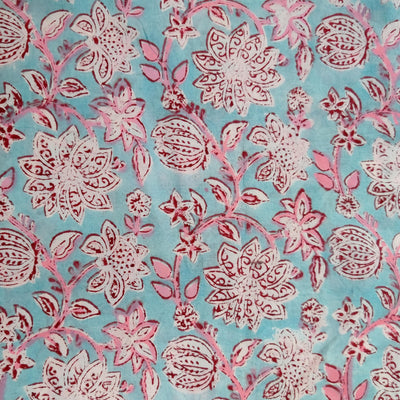 Pure Cotton Jaipuri Light Blue With Pink Maroon Wild Floral Jaal Hand Block Print Fabric