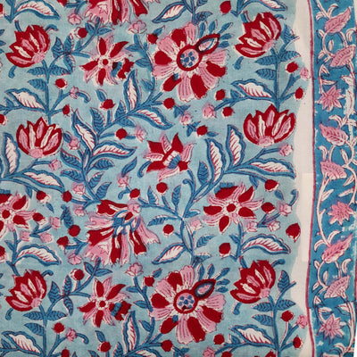 Pure Cotton Jaipuri Light Blue With Pink Red Floral All Over Jaal Hand block Print Fabric