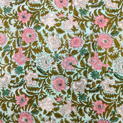 Pure Cotton Jaipuri Light Blue With Pink White Wild Bushy Jaal Hand Block Print Fabric