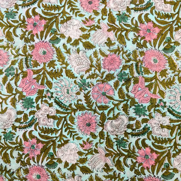 Pre-cut Pure Cotton Jaipuri Light Blue With Pink White Wild Bushy Jaal Hand Block Print Fabric(1.80 meter)