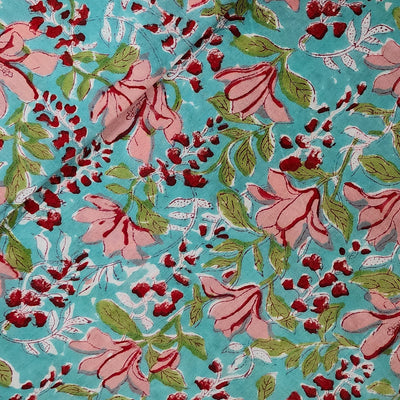 Pure Cotton Jaipuri Light Blue With Pink Wild Floral Creeper Hand Block Print Fabric