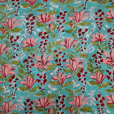 Pure Cotton Jaipuri Light Blue With Pink Wild Floral Creeper Hand Block Print Fabric