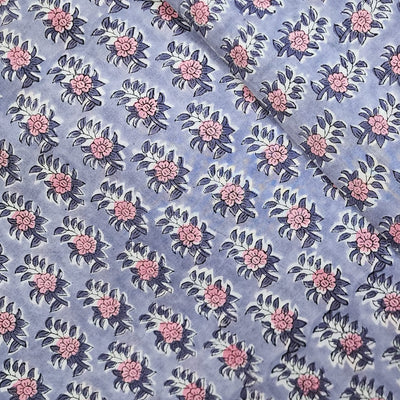 Pure Cotton Jaipuri Light Blue With Pink And Grey Flower Motifs Hand Block Print Fabric