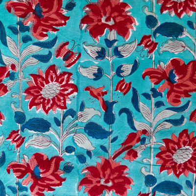 Pure Cotton Jaipuri Light Blue With Red And Peach Flowers Hand Block Print Fabric