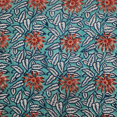 Pure Cotton Jaipuri Light Blue With Red Peach Floral Jaal Hand Block Print Fabric