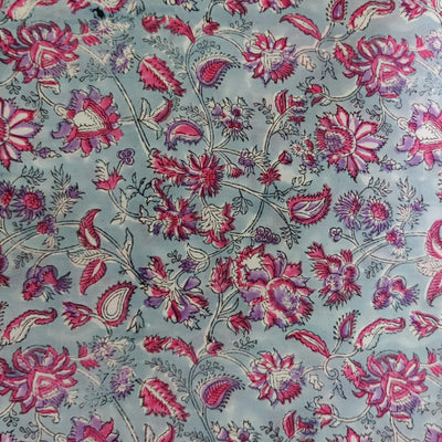 Pure Cotton Jaipuri Light Blue With Shades Of Pink Wild Floral Hand Block Print Fabric