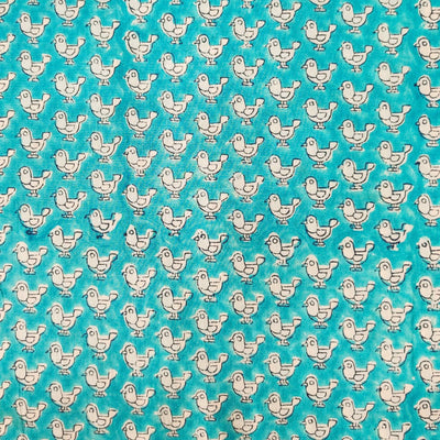 Pure Cotton Jaipuri Light Blue With Tiny Bird Hand Block Print Blouse Fabric (95 cm)