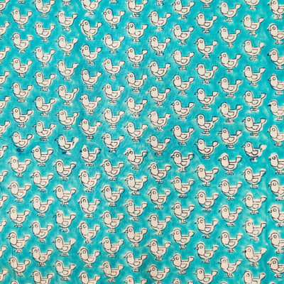 Pure Cotton Jaipuri Light Blue With Tiny Bird Hand Block Print Fabric