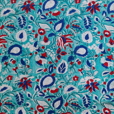 Pure Cotton Jaipuri Light Blue With White Red And Dark Blue Jaal Hand Block Print Fabric