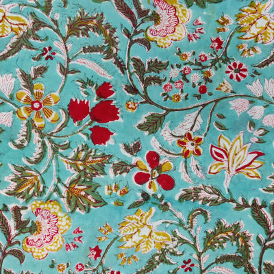Pure Cotton Jaipuri Light Blue With Wild Floral Jaal Hand Block Print Fabric