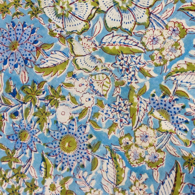 Pure Cotton Jaipuri Light Blue With Wild Flower Jaal Hand Block Print Blouse Fabric (1 meter)