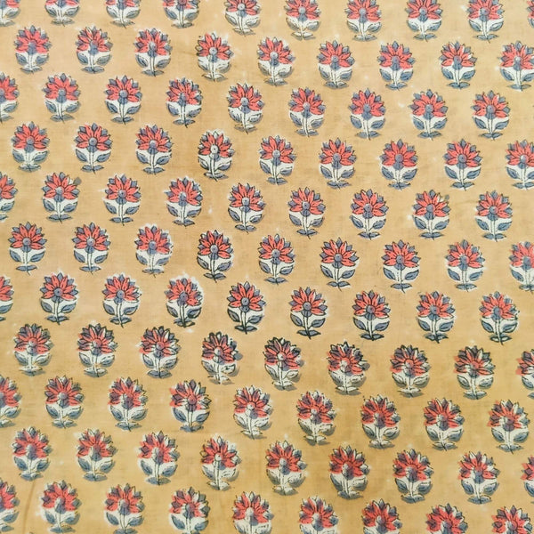 Pre-Cut 1.60 Meters Pure Cotton Jaipuri Light Brown With Tiny All Over Flower Motifs Hand Block Print Fabric