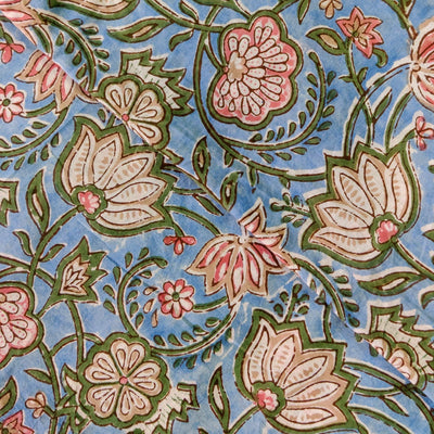 Pure Cotton Jaipuri Light Cadet Blue With Wild Flower Jaal Stripes Hand Block Print Fabric