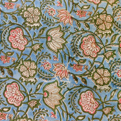 Pure Cotton Jaipuri Light Cadet Blue With Wild Flower Jaal Stripes Hand Block Print Fabric