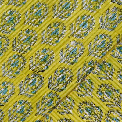 Pure Cotton Jaipuri Light Green Stripes And Plant Motifs Hand Block Print Fabric