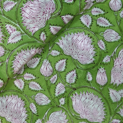Pure Cotton Jaipuri Light Green With Big Wild Lotus Jaal Hand Block Print Fabric