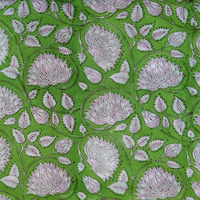 Pure Cotton Jaipuri Light Green With Big Wild Lotus Jaal Hand Block Print Fabric