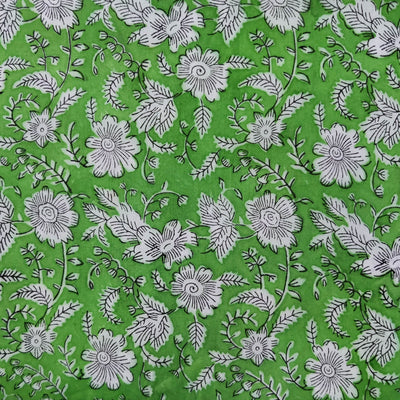 Pure Cotton Jaipuri Light Green With Black And White Jaal Hand Block Print Fabric